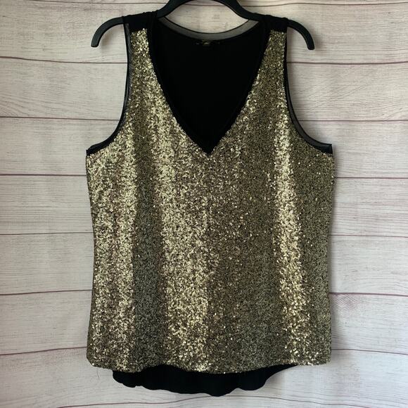 Cupio Black and Gold Sequin Front Tank Top Mesh Trim V Neck Size XL - Picture 1 of 13